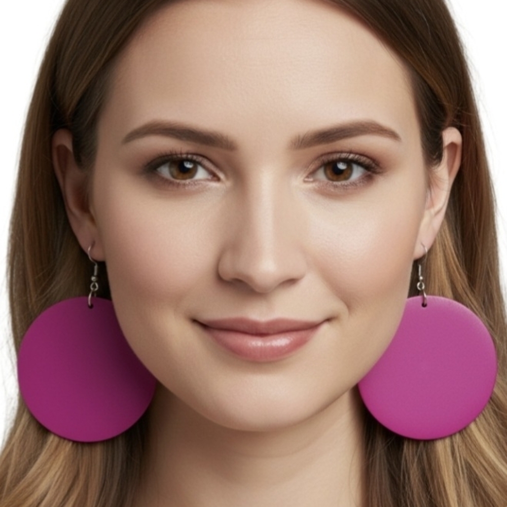 Round wooden earrings, super lightweight, pink circular earrings, 6.5 cm long.